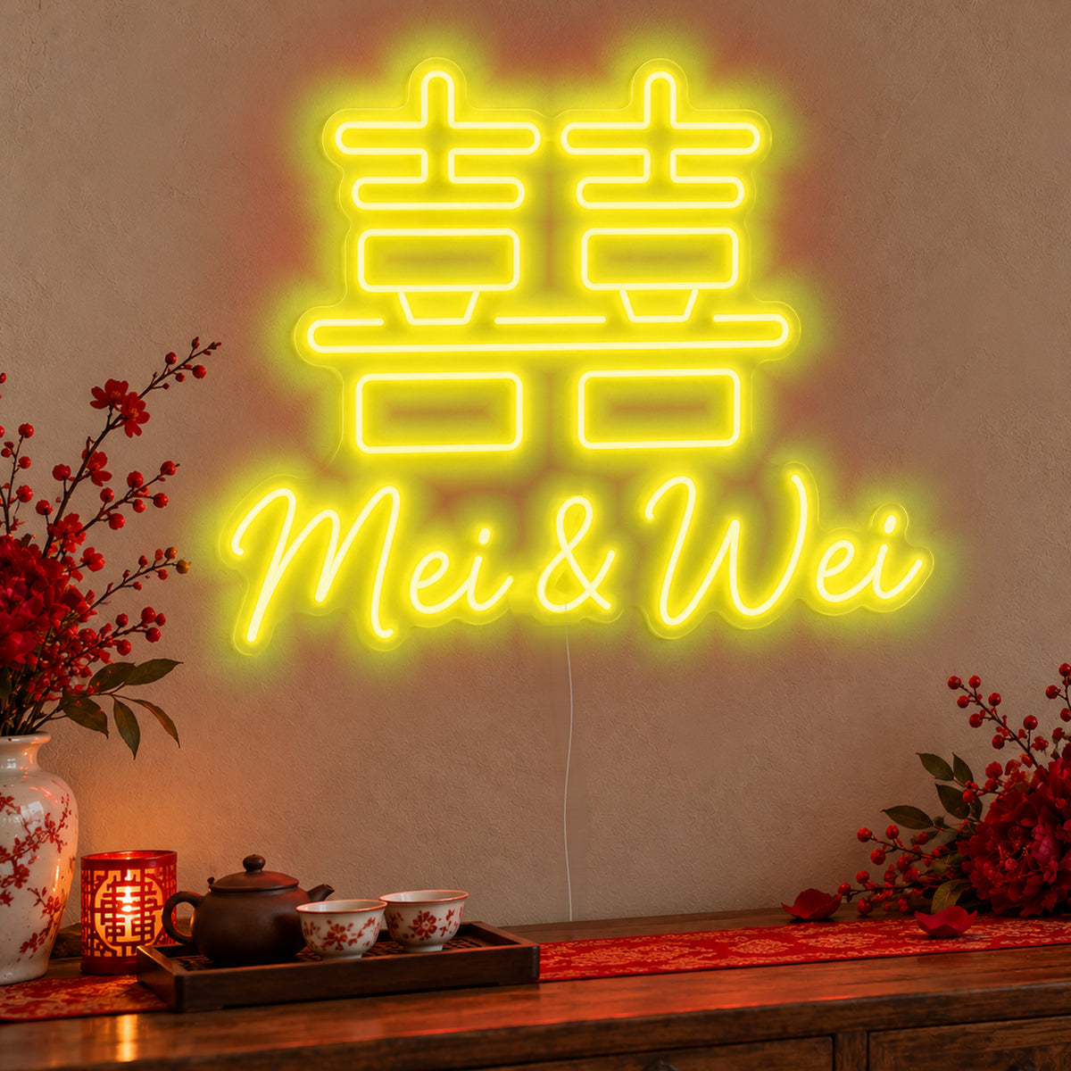 Personalised Double Happiness Names Neon Sign in yellow LED neon on clear acrylic, angled view