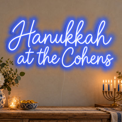 Personalised Family Hanukkah Neon Sign in blue LED neon on clear acrylic, angled view