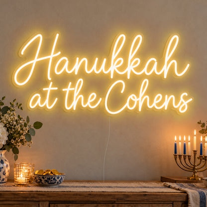 Personalised Family Hanukkah Neon Sign in gold LED neon on clear acrylic, angled view