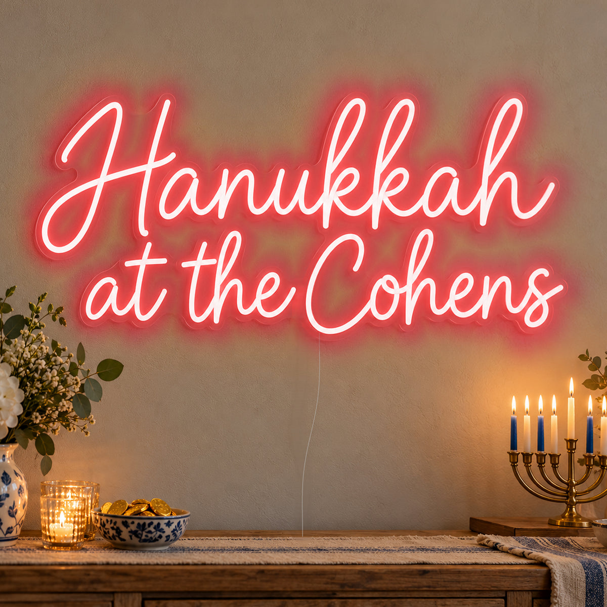 Personalised Family Hanukkah Neon Sign in red LED neon on clear acrylic, angled view