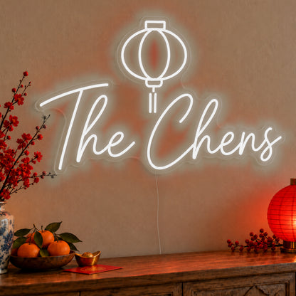 Personalised Family Lantern Neon Sign in white LED neon on clear acrylic, angled view