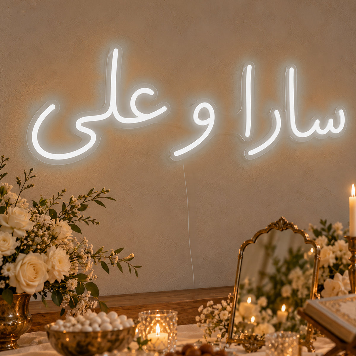 Personalised Farsi Couple Names Neon Sign in white LED neon on clear acrylic, angled view