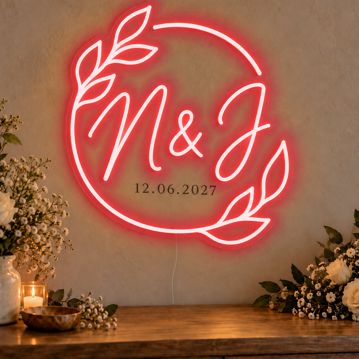 Personalised Filipino Wedding Monogram Neon Sign in red LED neon on clear acrylic, angled view