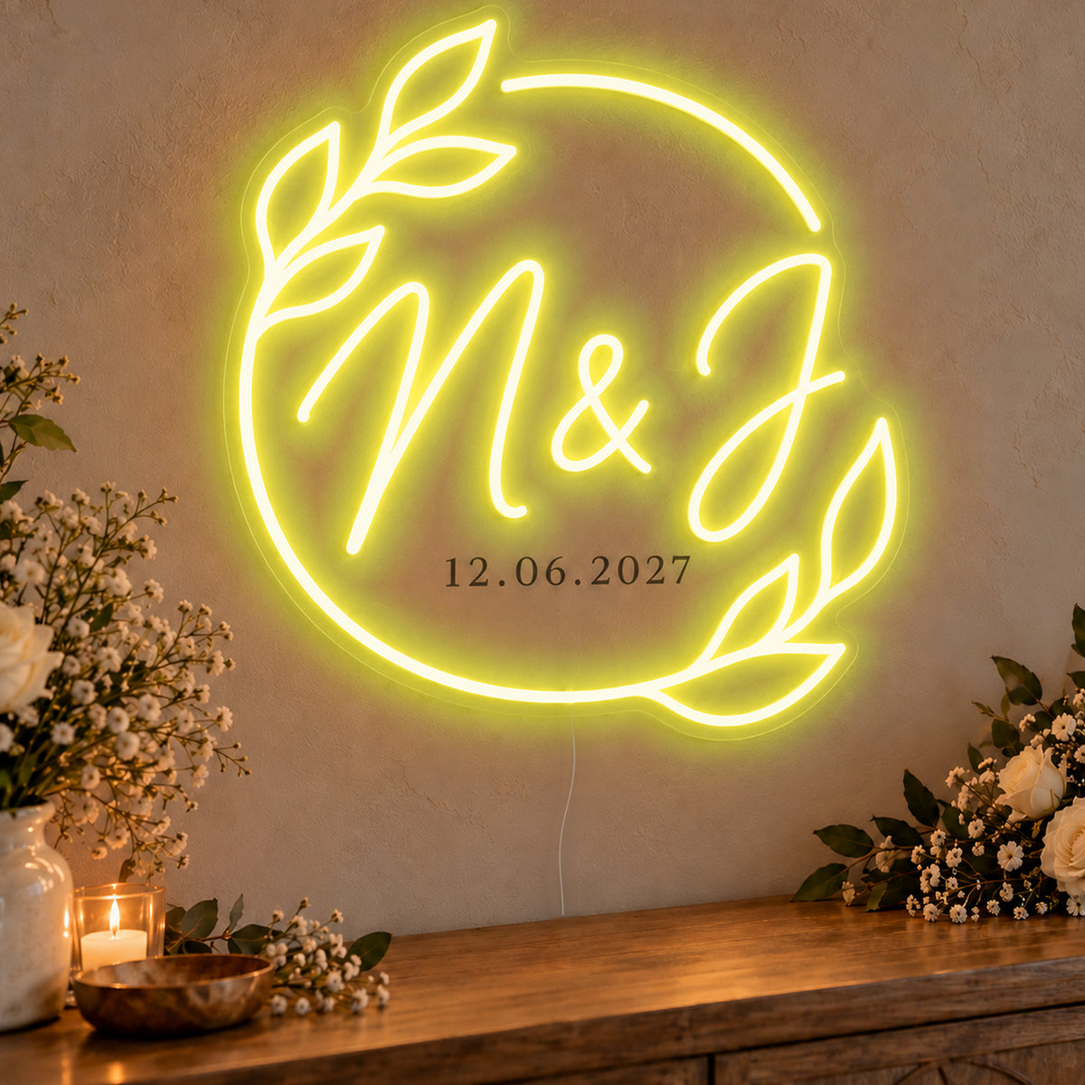 Personalised Filipino Wedding Monogram Neon Sign in yellow LED neon on clear acrylic, angled view