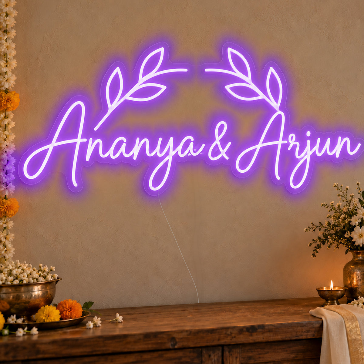 Personalised Floral Arch Names Neon Sign in purple LED neon on clear acrylic, angled view