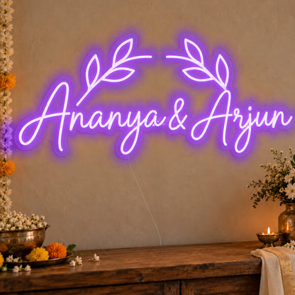 Personalised Floral Arch Names Neon Sign in purple LED neon on clear acrylic, angled view