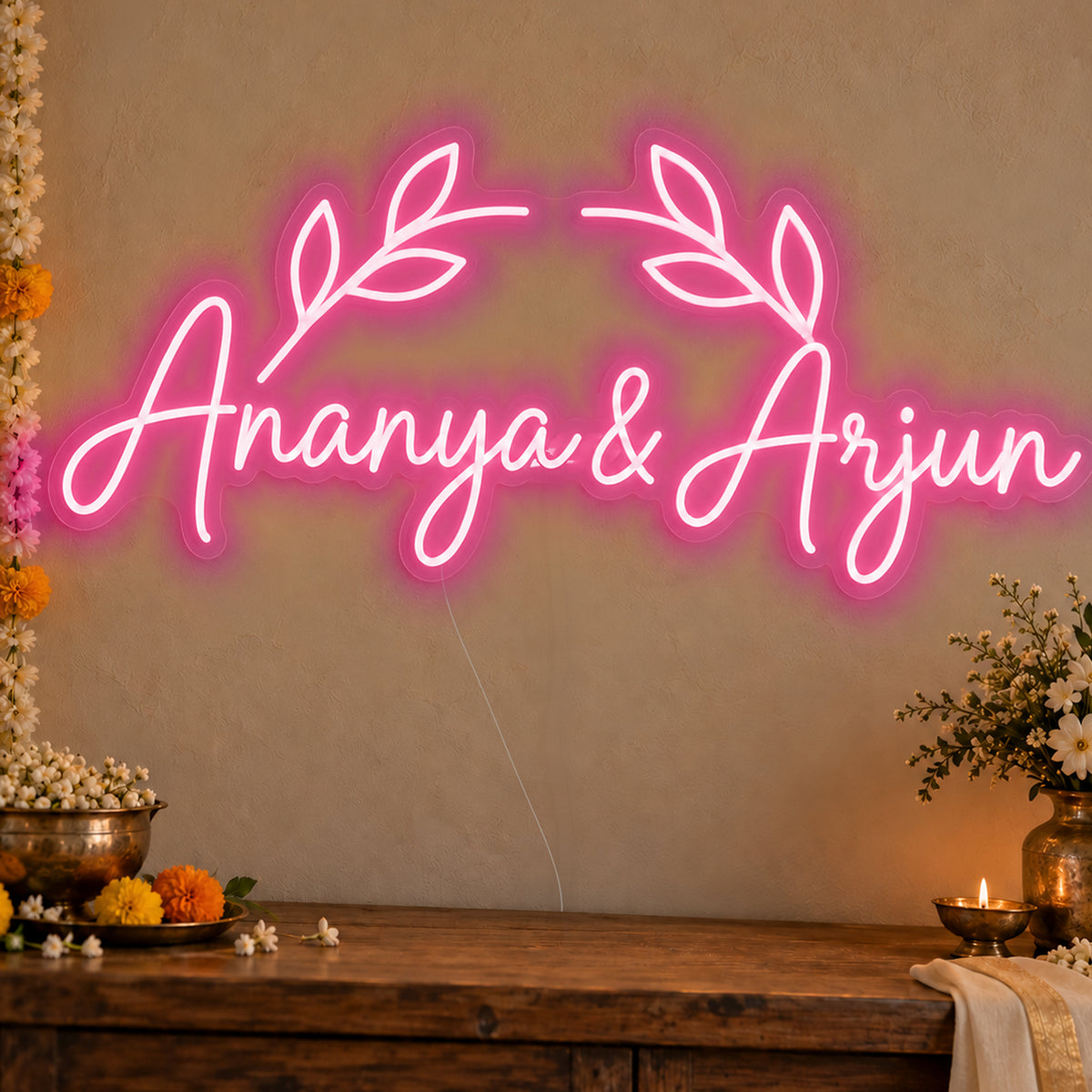 Personalised Floral Arch Names Neon Sign in rose red LED neon on clear acrylic, angled view