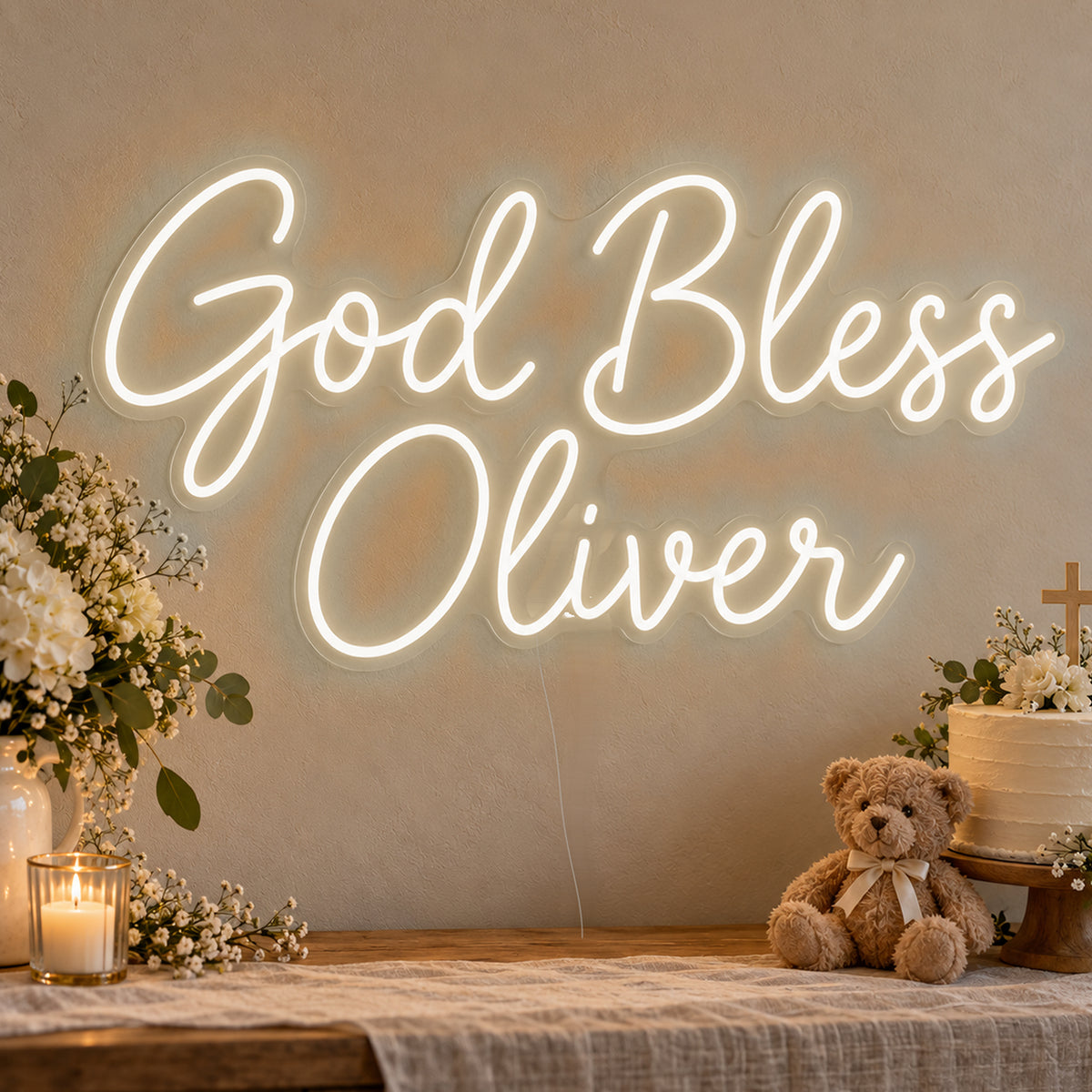 Personalised God Bless Neon Sign in warm white LED neon on clear acrylic, angled view