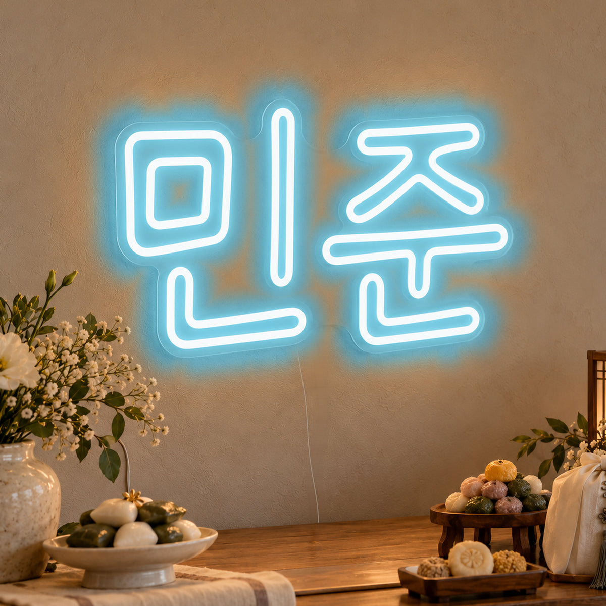 Personalised Hangul Name Neon Sign in ice blue LED neon on clear acrylic, angled view