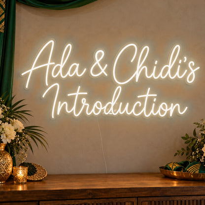 Personalised Introduction Neon Sign in warm white LED neon on clear acrylic, angled view