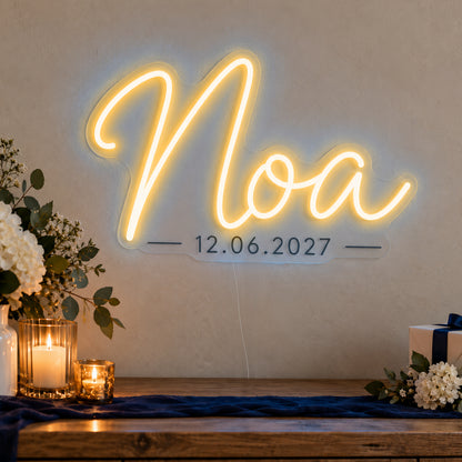 Personalised Mitzvah Name Date Neon Sign in gold LED neon on clear acrylic, angled view