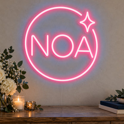 Personalised Mitzvah Party Logo Neon Sign in rose red LED neon on clear acrylic, angled view