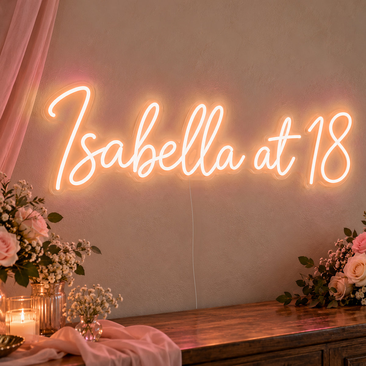 Personalised Name At 18 Neon Sign in orange LED neon on clear acrylic, angled view