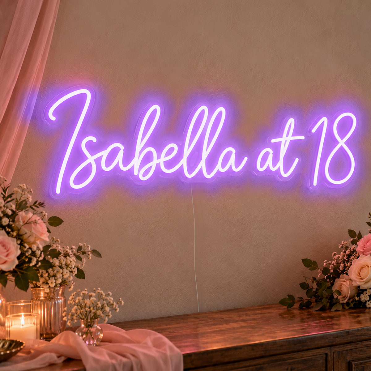 Personalised Name At 18 Neon Sign in purple LED neon on clear acrylic, angled view
