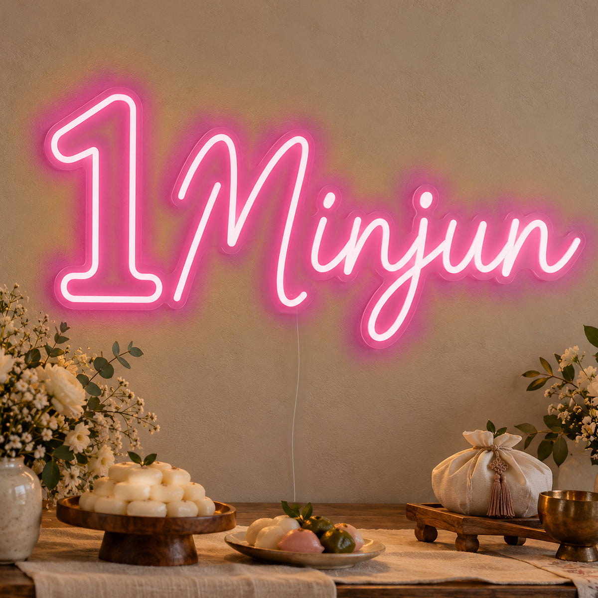 Personalised Name One Neon Sign in rose red LED neon on clear acrylic, angled view