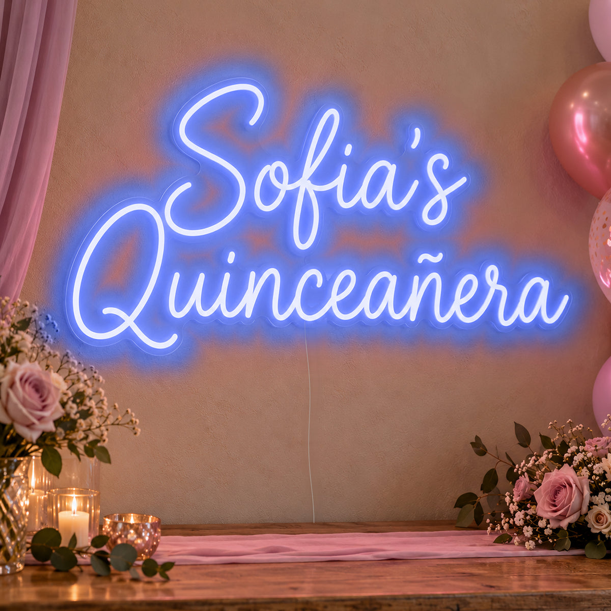 Personalised Quinceañera Neon Sign in blue LED neon on clear acrylic, angled view
