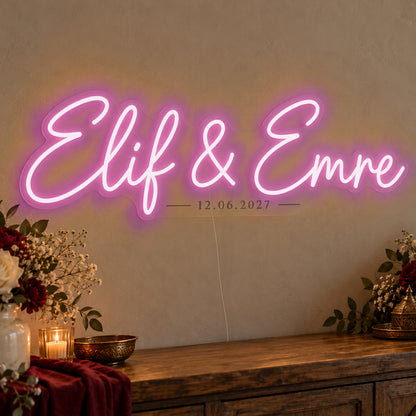 Personalised Turkish Names Date Neon Sign in pink LED neon on clear acrylic, angled view
