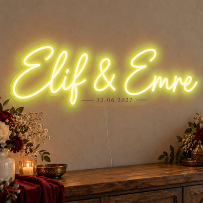 Personalised Turkish Names Date Neon Sign in yellow LED neon on clear acrylic, angled view
