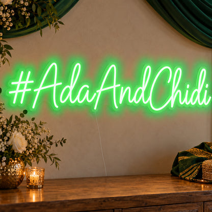 Personalised Wedding Hashtag Neon Sign in green LED neon on clear acrylic, angled view