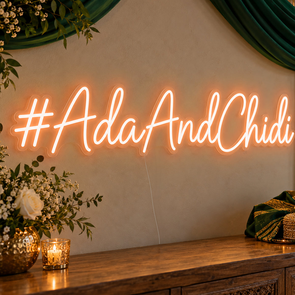 Personalised Wedding Hashtag Neon Sign in orange LED neon on clear acrylic, angled view