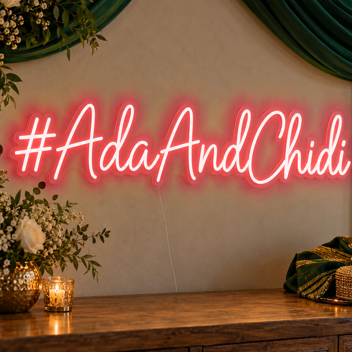 Personalised Wedding Hashtag Neon Sign in red LED neon on clear acrylic, angled view