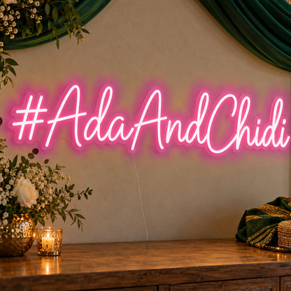 Personalised Wedding Hashtag Neon Sign in rose red LED neon on clear acrylic, angled view