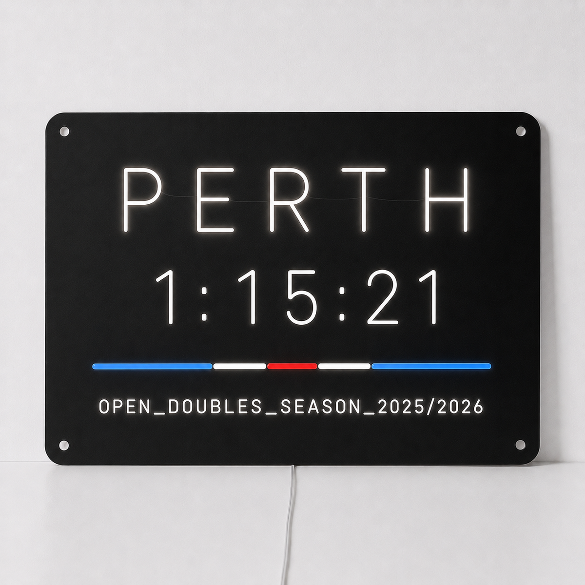 Custom hybrid race finish time LED neon sign shown with Perth, a personalised finish time and a division and season line in white neon on black acrylic