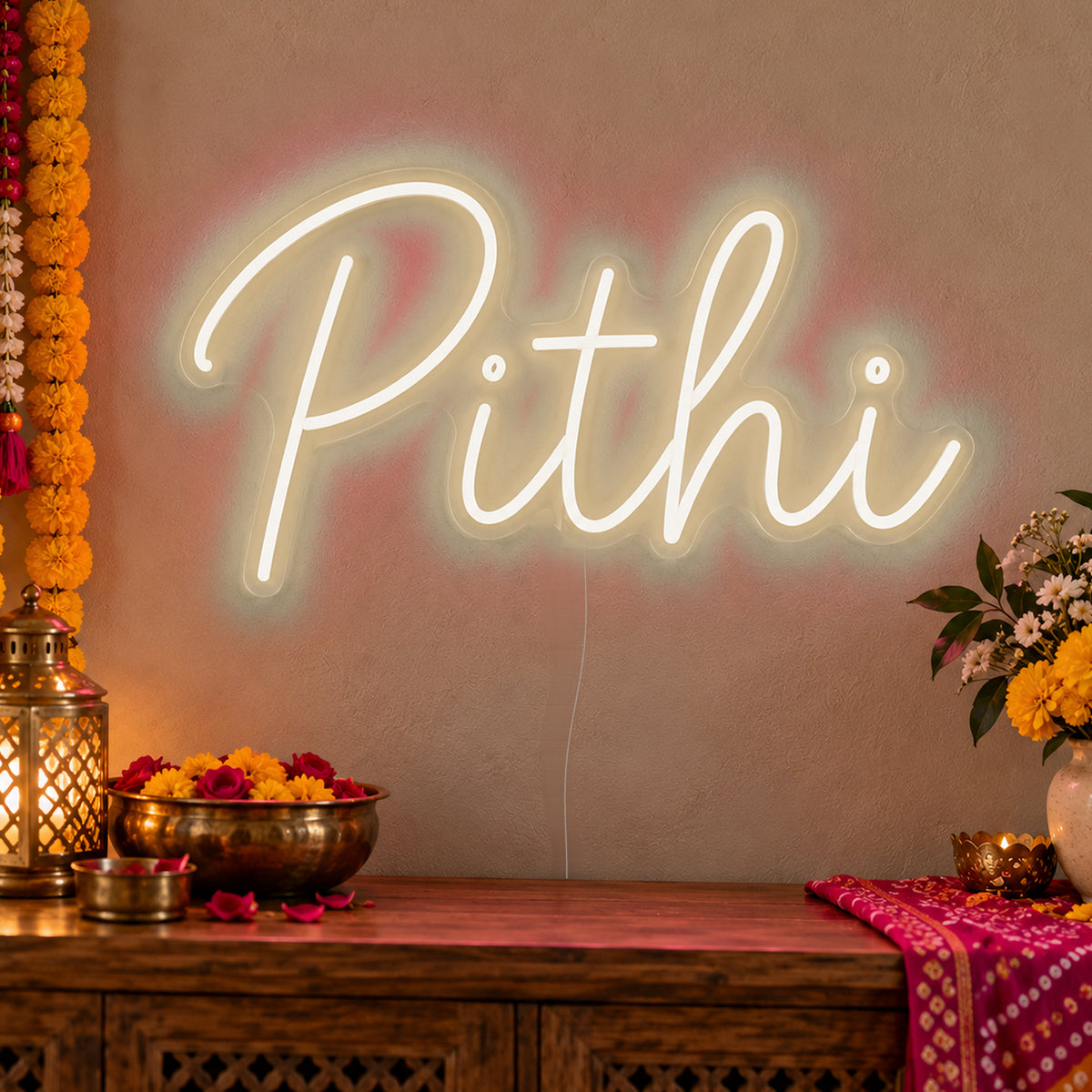 Pithi Neon Sign in warm white LED neon on clear acrylic, angled view