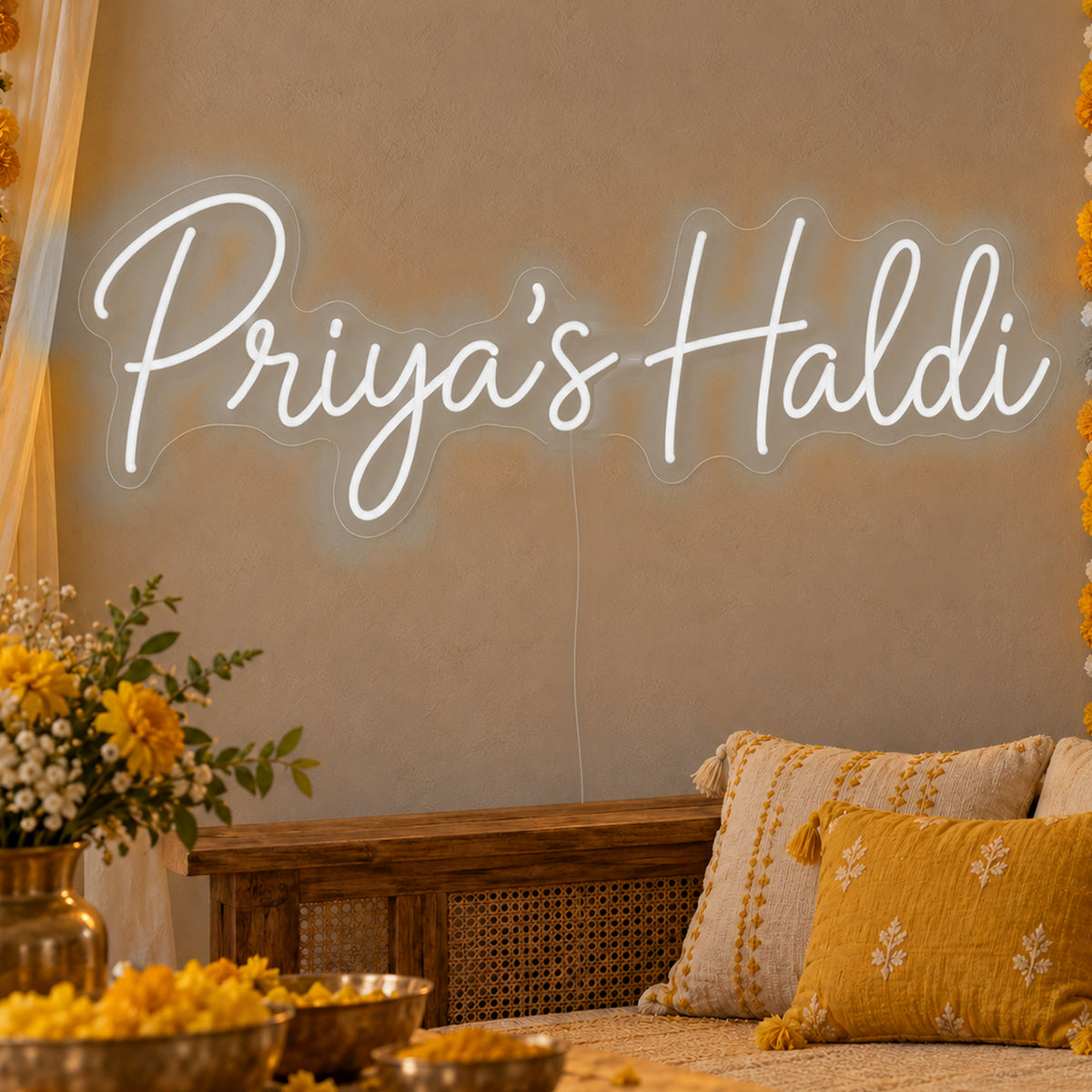 Personalised Haldi Neon Sign in white LED neon on clear acrylic, angled view