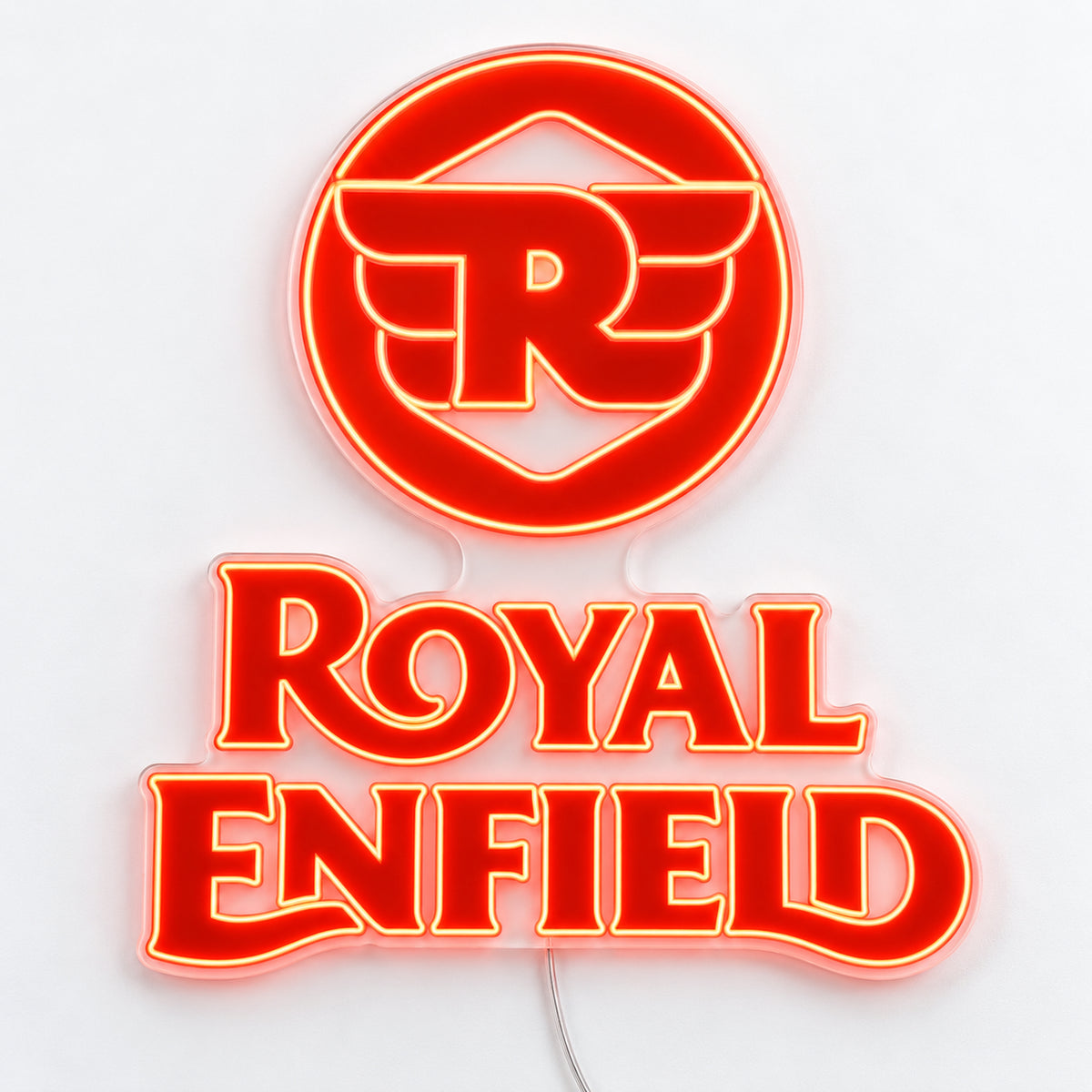 Royal Enfield neon sign with red-orange winged R emblem and stacked lettering on clear cut-to-shape acrylic, front view on a white surface.