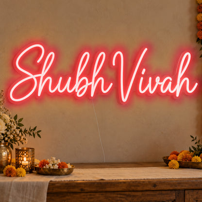 Shubh Vivah Neon Sign in red LED neon on clear acrylic, angled view
