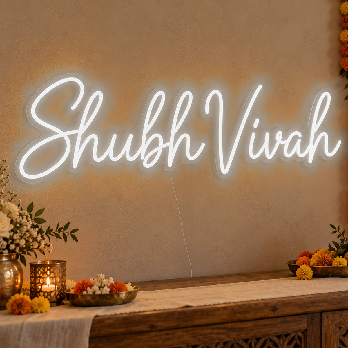 Shubh Vivah Neon Sign in white LED neon on clear acrylic, angled view