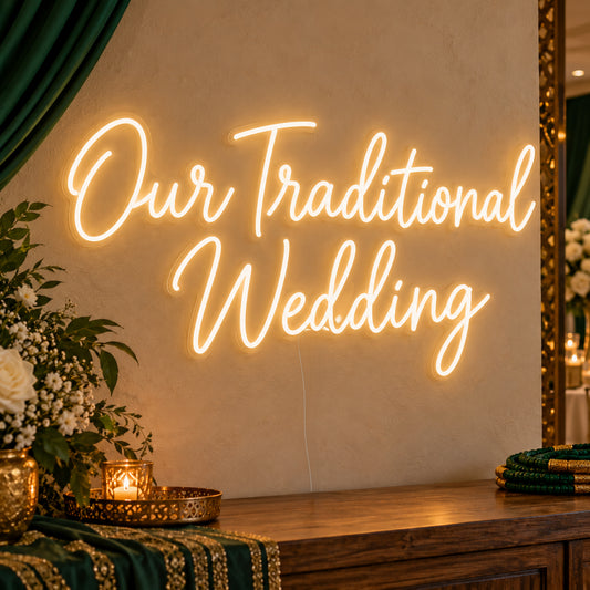 Traditional Wedding Neon Sign on clear cut-to-shape acrylic, illuminated on a wall in a styled celebration setting