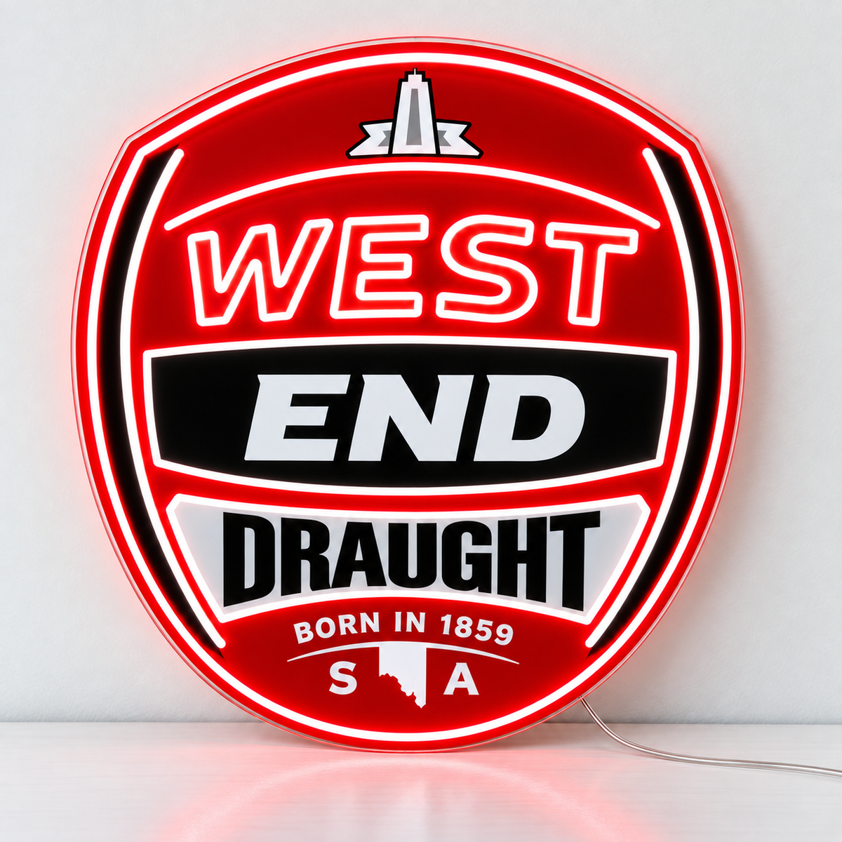 West End Draught neon sign front view on clear cut-to-shape acrylic
